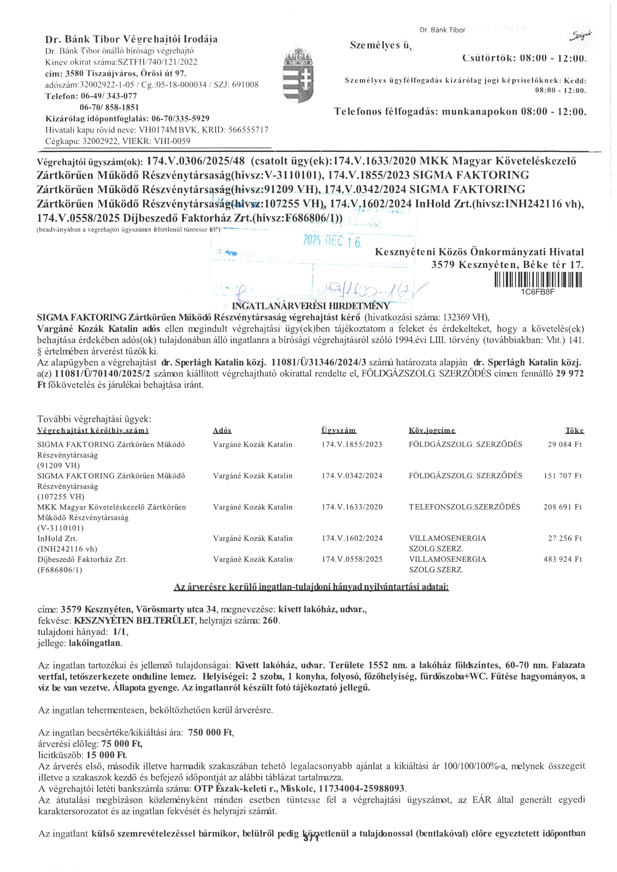 Ingatlan�rver�si hirdetm�ny